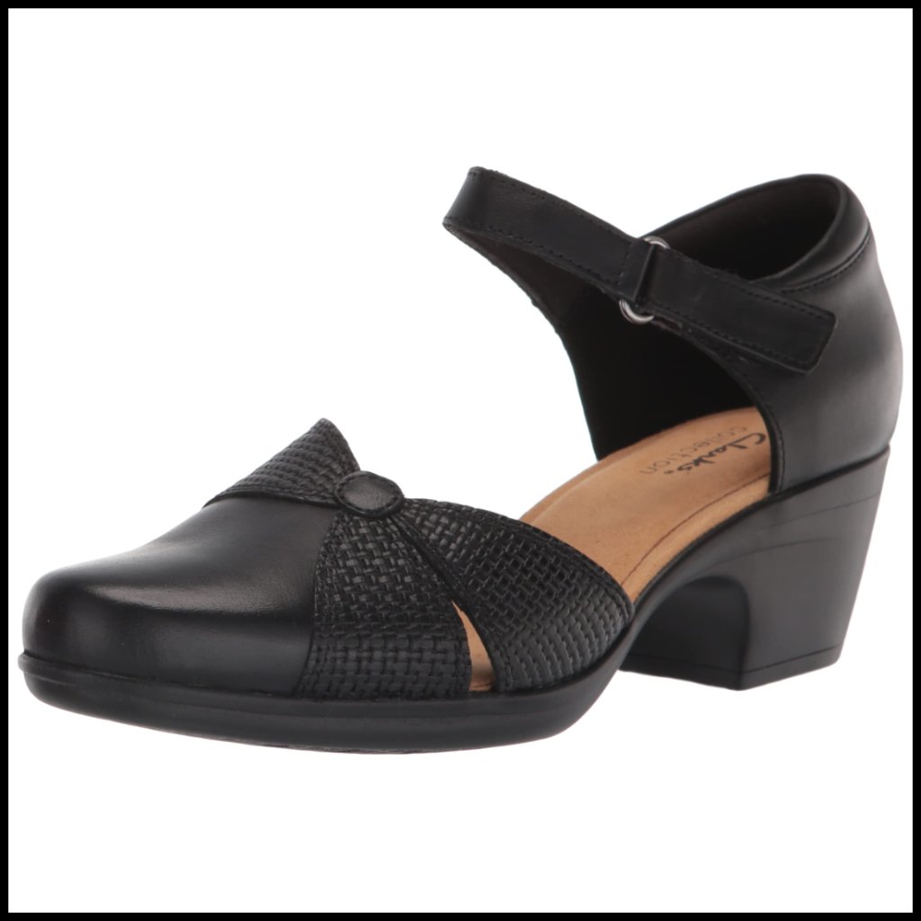 Black Leather Pumps Elegant Adjustable Ankle Strap Comfort Heels Workwear